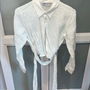 Zara Crisp White Tie-Front Blouse